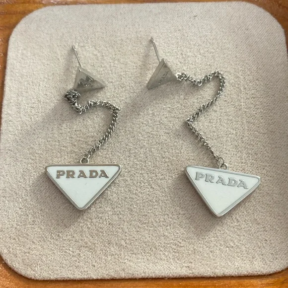 Prada White and Silver Triangle Chain Earrings - Picture 1 of 4